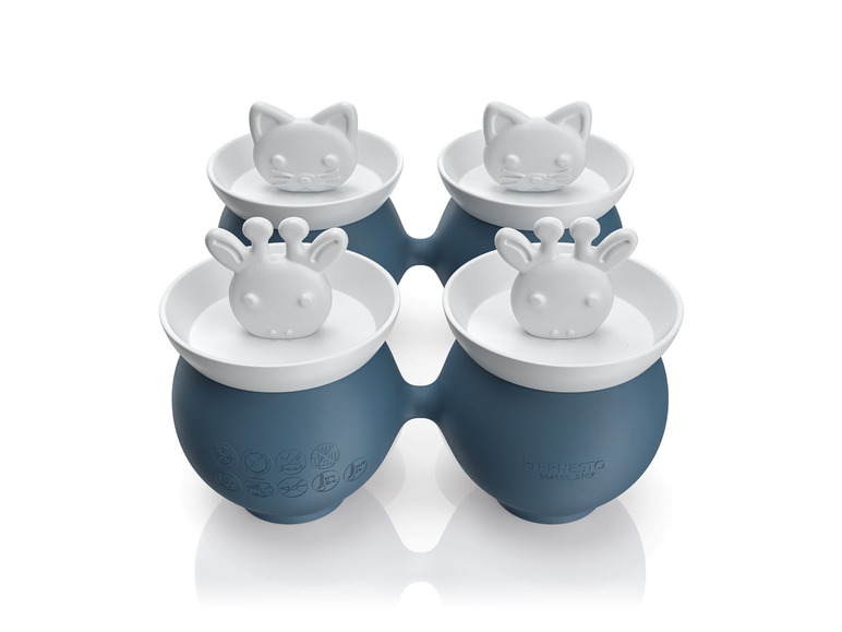 Vier blaue Silikon-Eisformen mit Katzen- und Giraffenmotiven der Marke Ernesto.