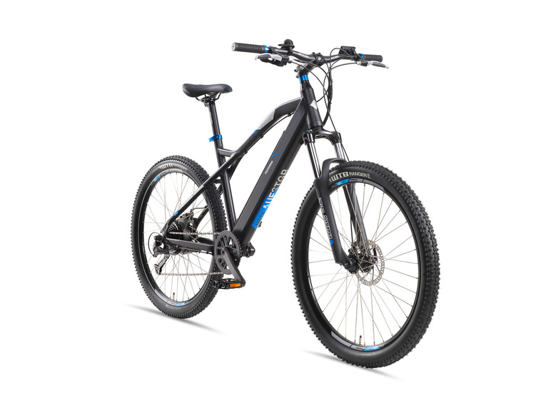 Ein schwarzes Mountainbike mit einem blauen 'Altestgr' Aufkleber.