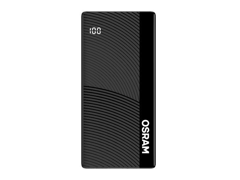 Schwarze Powerbank mit 100% digitaler Anzeige und Wellenmuster.