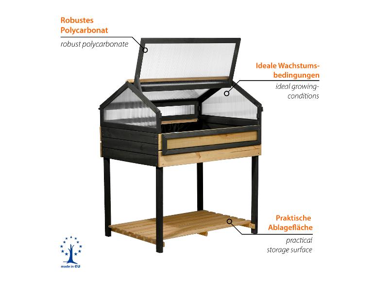 Hochbeet mit Gewächshaus, robustem Polycarbonatdach, idealen Wachstumsbedingungen und praktischer Ablagefläche.