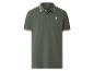 Olivgrünes Poloshirt mit gestreiftem Kragen und Ärmelbündchen, mit weißer Palmenstickerei.