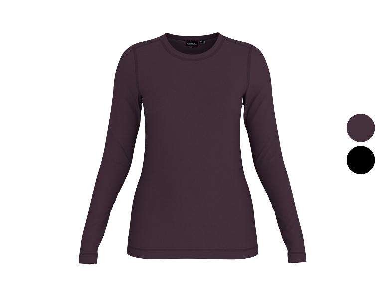 Damen-Langarmshirt in Pflaumenfarbe mit Rundhalsausschnitt, auch in Schwarz erhältlich.