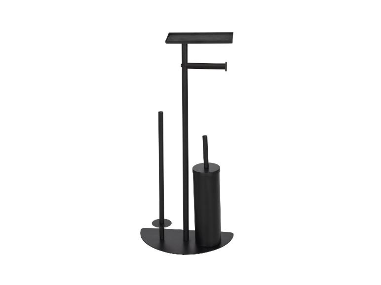 Schwarzer Metallhalter für Toilettenpapier, Bürste und Ersatzrollen.