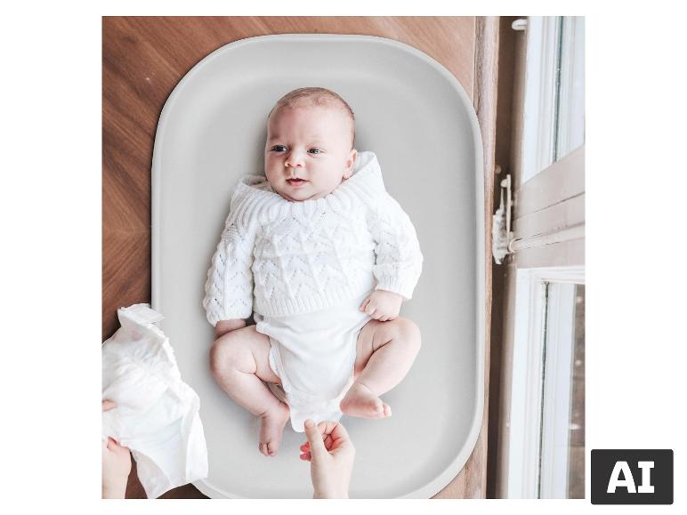 Baby auf der grauen BABYGO Wickelauflage Luxepad beim Windelwechseln. [KI-generiertes Bild]