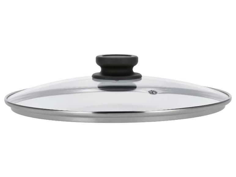 Glasdeckel mit schwarzem Griff und Metallrand