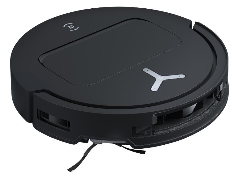 Schwarzer runder Saugroboter mit silbernen Details und Seitenbürsten.