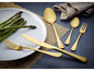 Goldfarbenes Besteck mit Messer, Gabel und Löffel auf einem Teller mit Spargel.