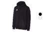 Schwarzer Kapuzenpullover mit weißem Logo auf der Brust, mit Kängurutasche