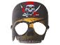 Piratenmaske mit Totenkopf und Augenklappe, mit Totenkopfmotiv, rotem Kopftuch und gekreuzten Säbeln.