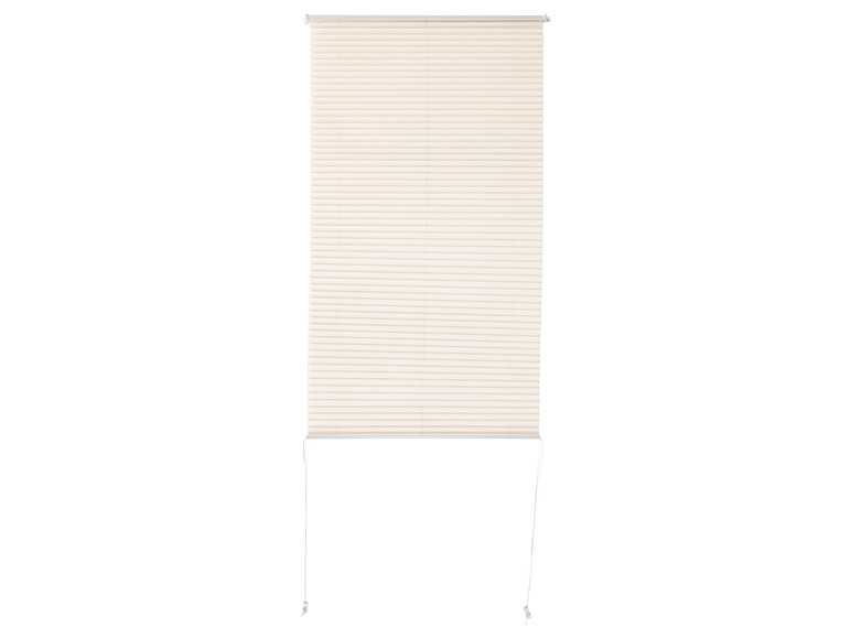 Ein beigefarbener Plissee-Rollo mit weißem Unterteil.
