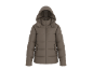 Braune Steppjacke mit Kapuze, Reißverschluss und Taschen.