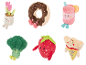 LUPILU® Kuscheltiere in Form von Blume, Donut, Getränk, Brokkoli, Erdbeere und Pizza.