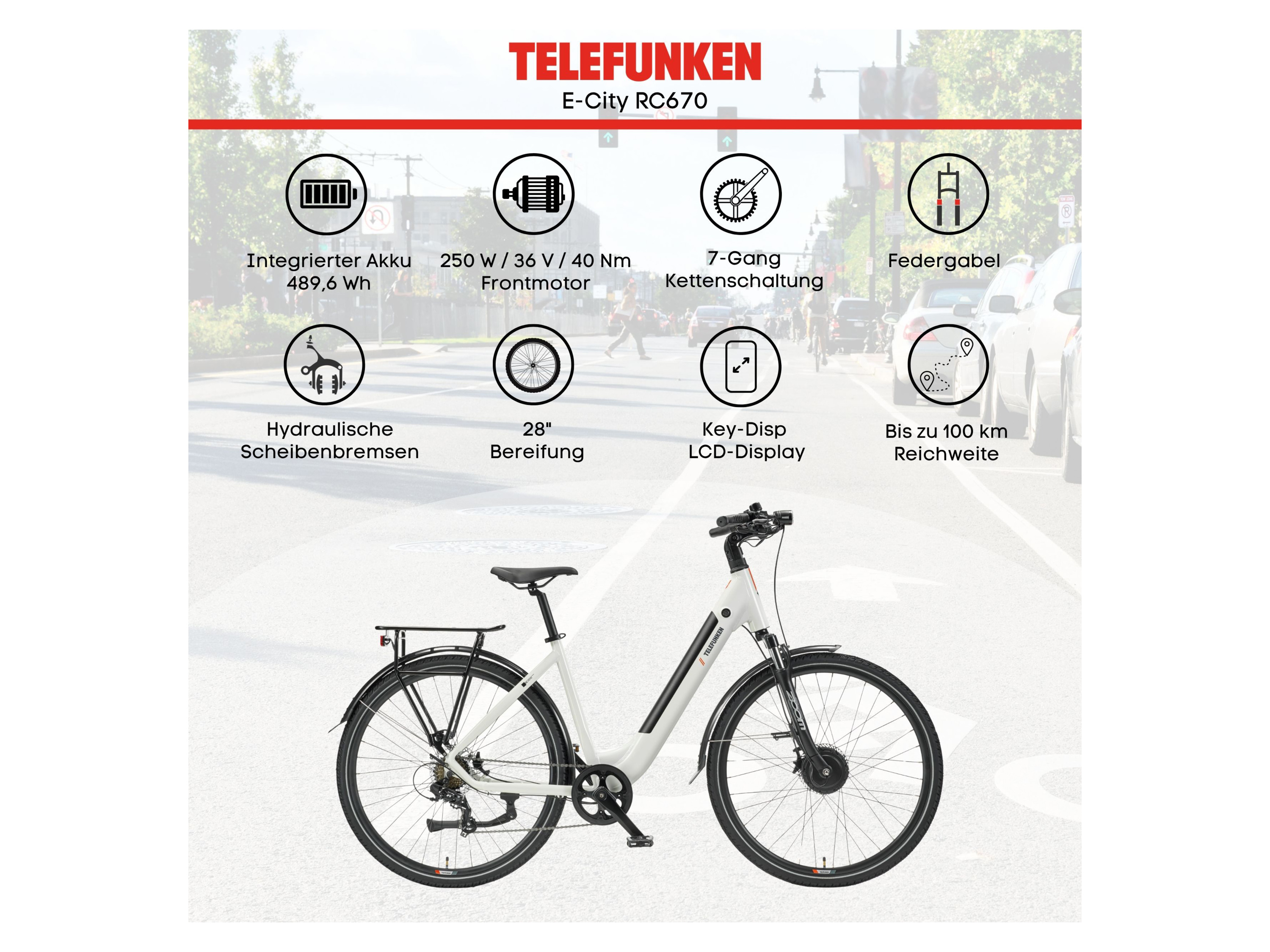 Telefunken E-Bike Cityrad Multitalent RC670, 7 Gang Shimano TY300D Schaltwerk, Kettenschaltung, Frontmotor, 489,6 Wh, Pedelec, Elektrofahrrad, Damen u. Herren,  – Bild 4 von 4