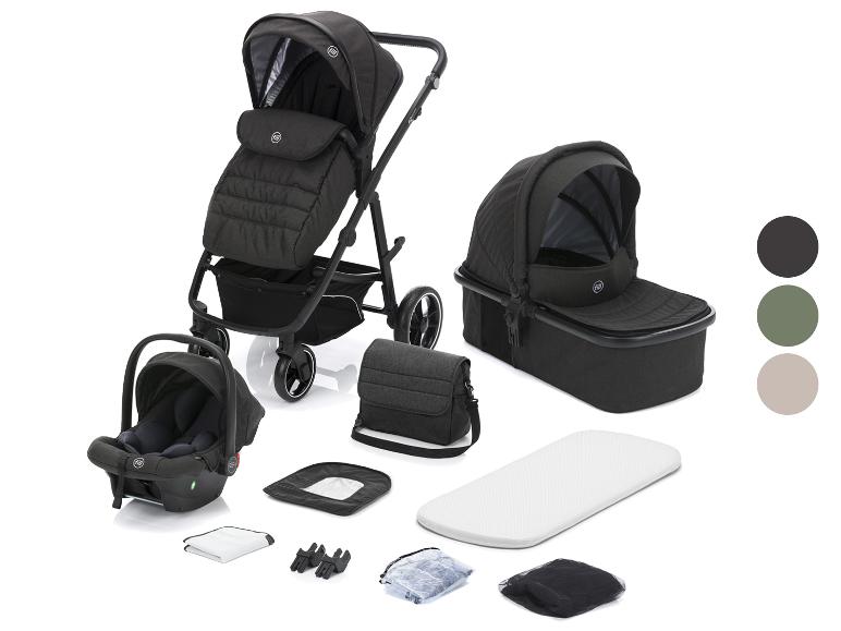 Kinderwagen-Set mit Babywanne, Sportsitz, Babyschale und Zubehör in Schwarz.