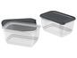 Zwei transparente Plastikbehälter mit grauen Deckeln.