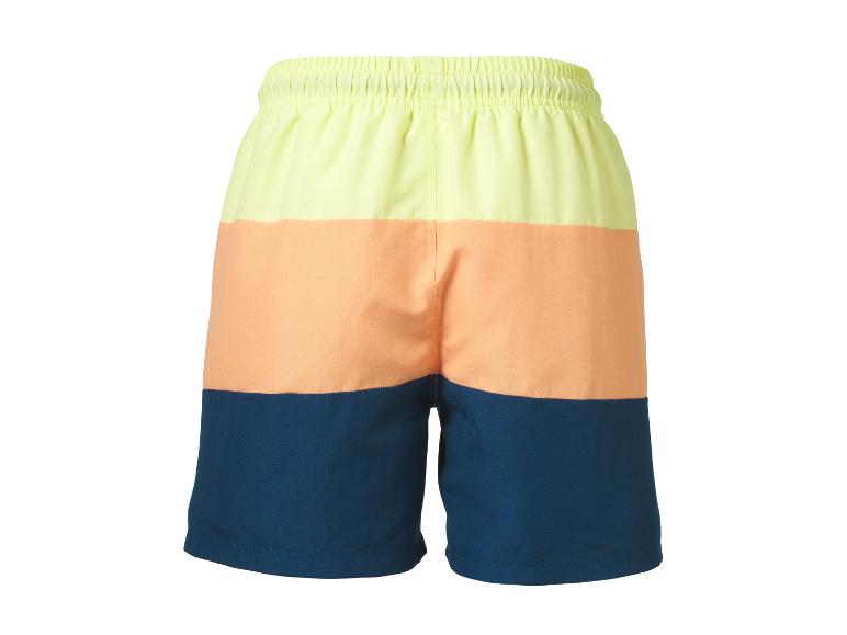 Herren-Badeshorts in drei Farben: Neongelb, Orange und Dunkelblau.