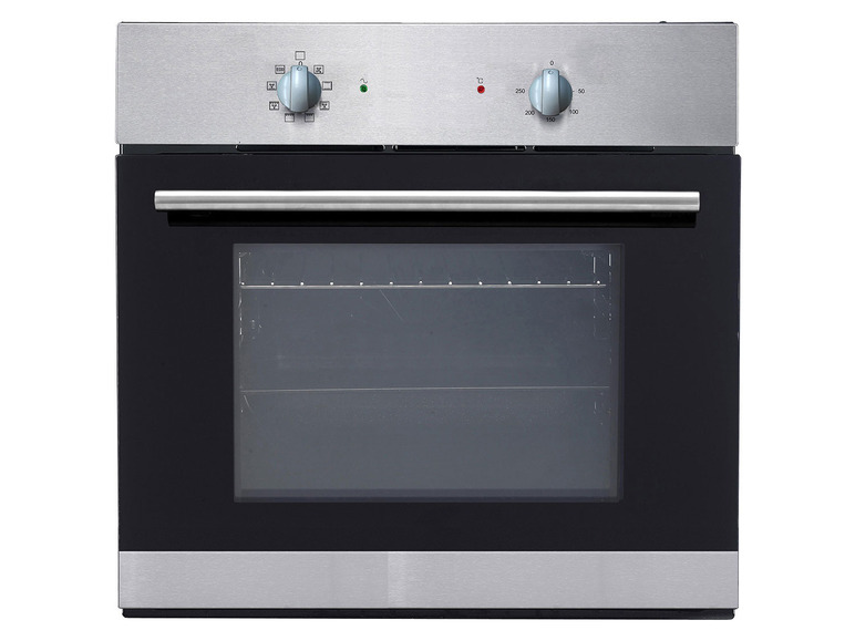 Ein Backofen mit silbernem Finish und schwarzer Tür.