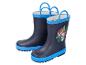Blaue Kinder-Regenstiefel mit Dinosaurier- und Zeichentrickfiguren-Aufdruck.