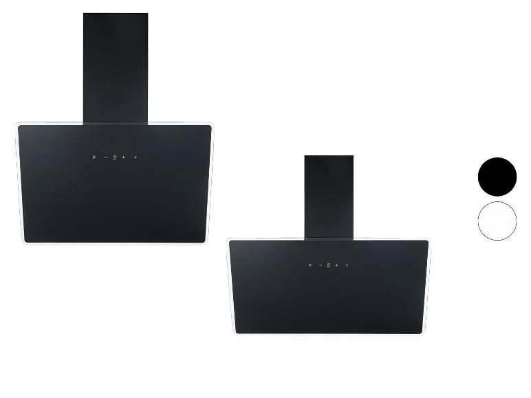 Zwei schwarze Küchenabzugshauben mit Touch-Bedienelementen, eine mit weißem Rand, auf weißem Hintergrund.