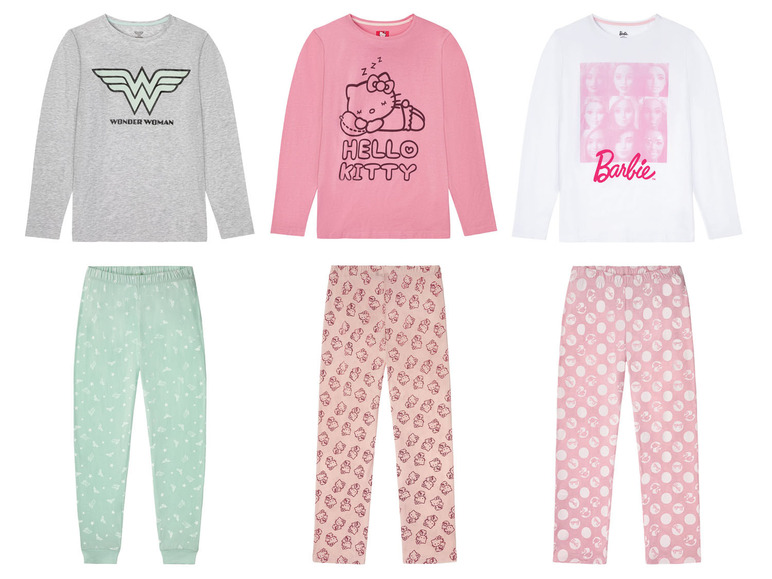 Pyjamas mit Wonder Woman, Hello Kitty und Barbie Print.