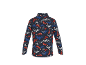 Langarmshirt mit Fuchs- und Bergmuster in Rot, Blau und Weiß auf dunkelblauem Hintergrund.