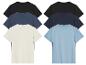 Sechs Kurzarm-T-Shirts mit Rundhalsausschnitt in Schwarz, Dunkelblau, Beige und Hellblau.