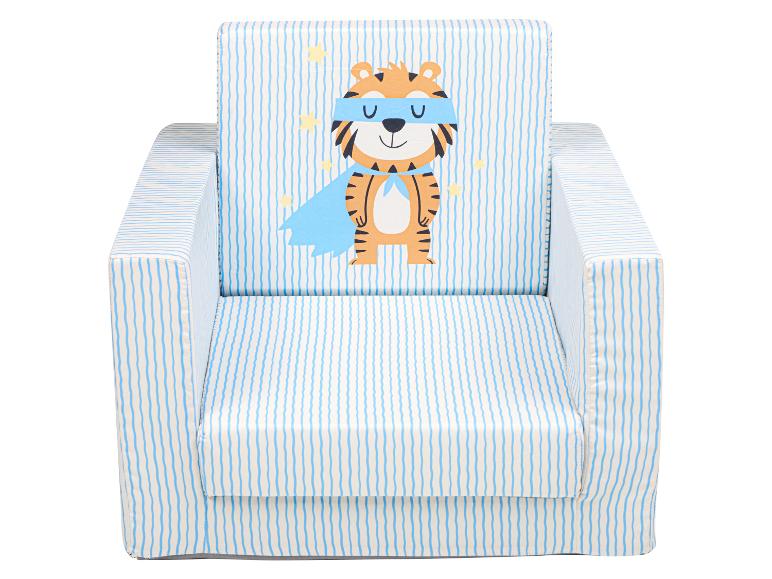 Kinder-Sessel mit blau-weiß gestreiftem Bezug und Superhelden-Tiger-Aufdruck.