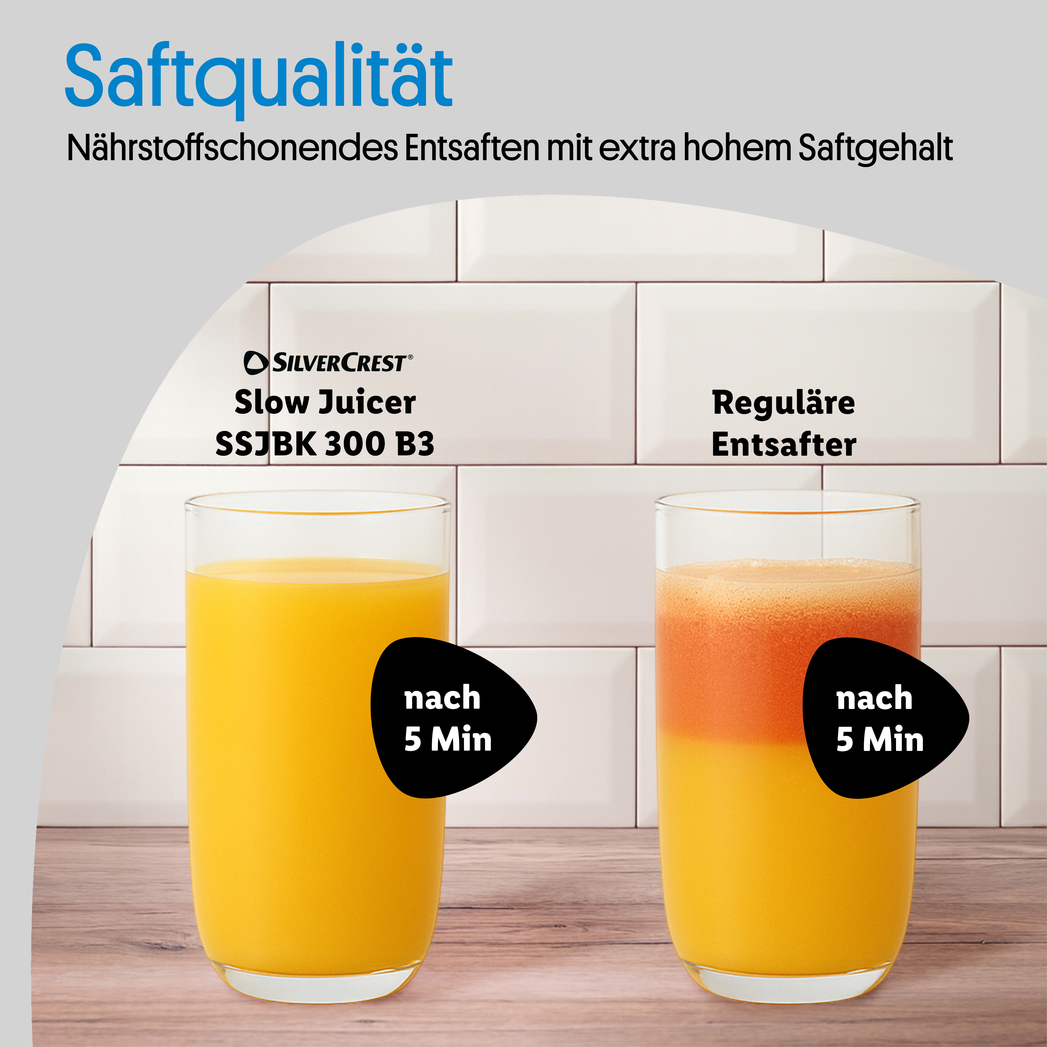 Saftqualität: Nährstoffschonendes Entsaften mit extra hohem Saftgehalt im Vergleich zu regulären Entsaftern nach 5 Minuten.