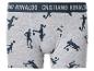 Graue Boxershorts mit Fußballspieler-Silhouetten und Bund mit Text.
