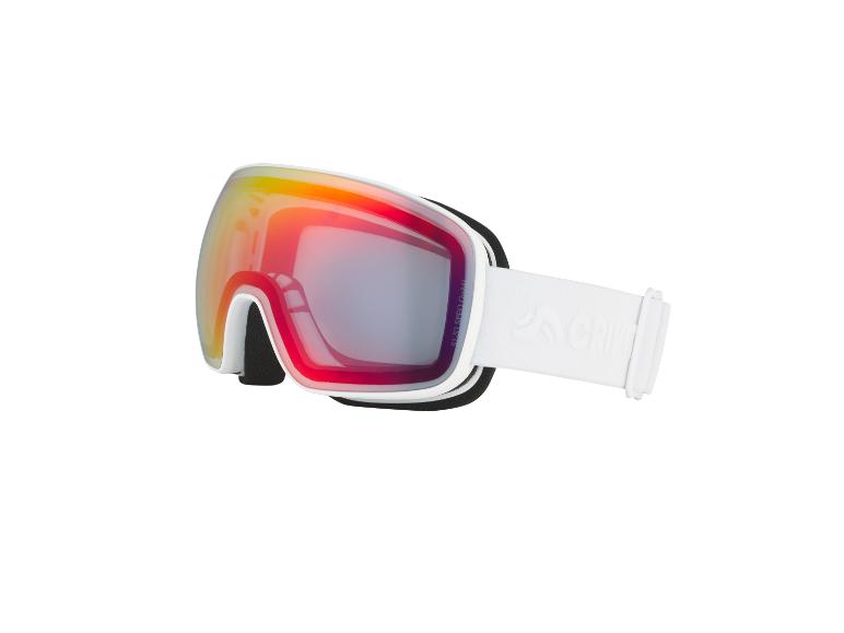 Weiße Skibrille mit farbigem, reflektierendem Glas.