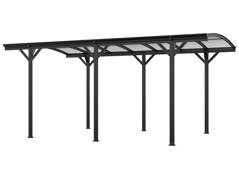 Schwarzer Metall-Carport oder Unterstand mit transparentem, gebogenem Dach