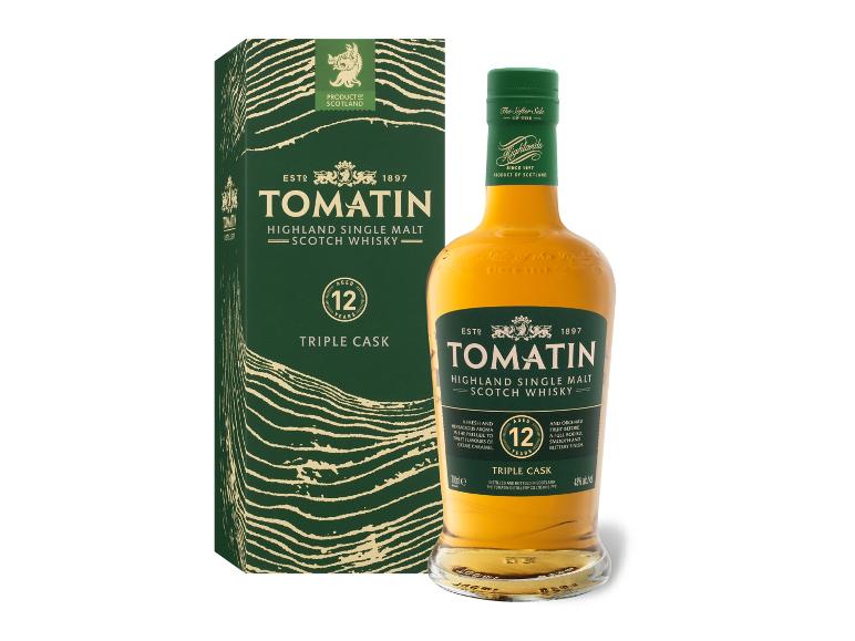 Flasche und Karton von TOMATIN Triple Cask 12 Jahre Highland Single Malt Scotch Whisky.