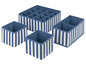 Ein Set mit vier blauen Aufbewahrungsboxen mit weißen Streifen.