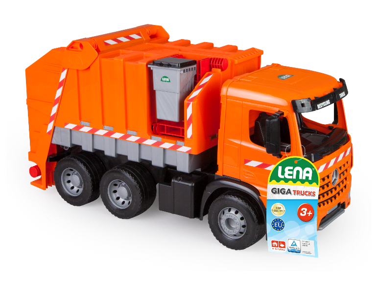 Orangefarbener Spielzeug-Müllwagen mit Mülleimer und der Aufschrift „Recycling Truck“.