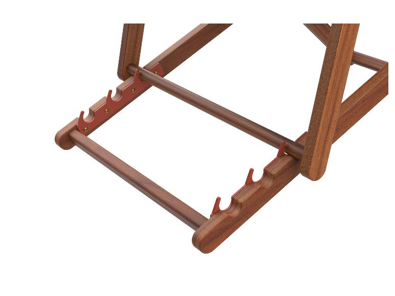 Holzliegestuhlrahmen mit rotem verstellbarem Armlehnenmechanismus.