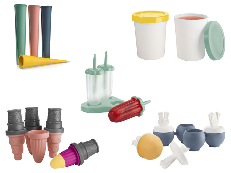 Eisformen in verschiedenen Formen und Farben, darunter Eis am Stiel Formen, Eiswaffeln und Eisbehälter.