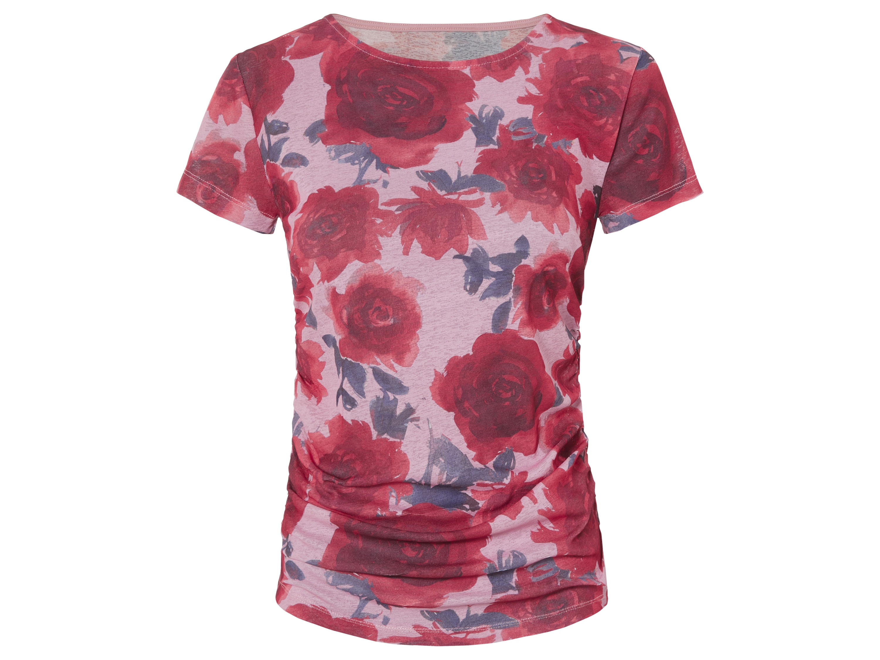 esmara® Damen T-Shirt (pink/rot, S(36/38))““ | Farbe: Muster pink/rot, navy Muster: Muster pink/rot: floral Detail: leicht transparent mit U-Boot-Ausschnitt, mit seitlicher Raffung Schnitt: figurbetont geschnitten Ausschnitt: U-Boot-Ausschnitt Material: 100 % Polyester Pflegehinweis: waschen bei max. 30°C (Pflegeleicht) nicht bleichen nicht im Wäschetrockner trocknen bügeln bis 110 °C (Stufe 1). Kein Bügeln mit Dampf nicht trockenreinigen Größe: XS (32/34) – L (44/46) Meine Lidl-Größe – so einfach gehts Einfach den Lidl-Größenrechner besuchen. Für deine Personengruppe und Produktgruppe die gemessenen Körpermaße eintragen und dann den Berechnen-Button betätigen. Schon wird dir deine Größe angezeigt.““