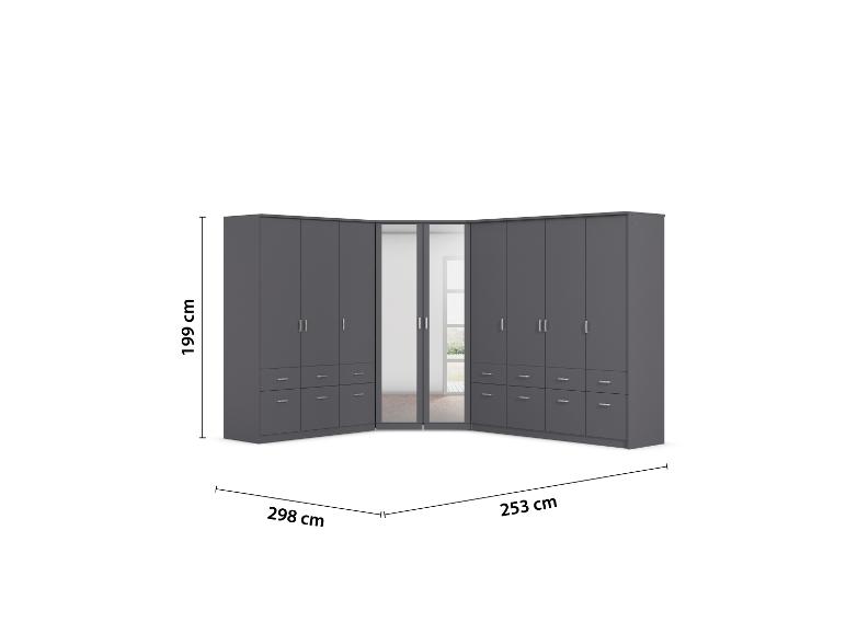 Dunkelgrauer Eckkleiderschrank mit Türen und Schubladen, mit Spiegeln in der Mitte, 199 cm hoch, 298 cm und 253 cm breit.