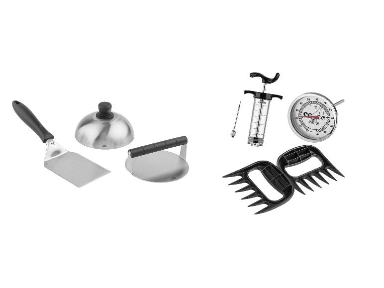 Grillutensilien-Set mit Spatel, Presse, Marinadenspritze, Thermometer und Fleischkrallen.