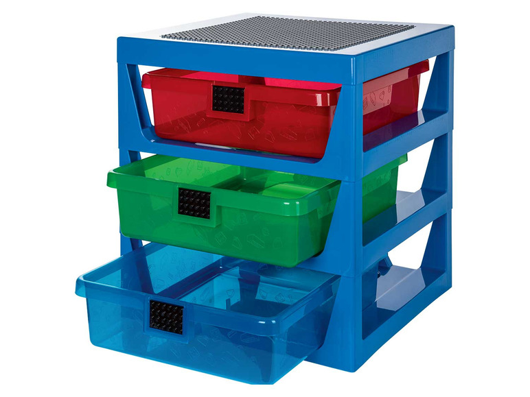 Blauer Aufbewahrungsschrank mit drei Schubladen für LEGO-Steine.