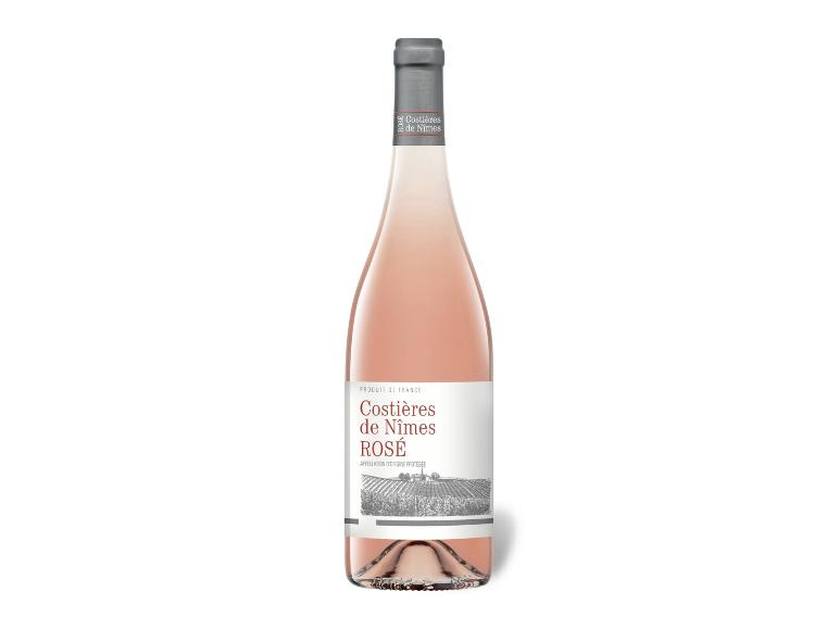 Flasche Roséwein mit Etikett 'Costières de Nîmes Rosé' und Weinbergmotiv