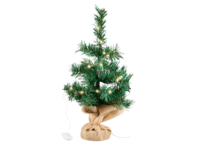 Kleiner künstlicher Weihnachtsbaum mit LED-Lichtern und Jutesack-Ständer.