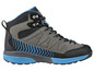 Ein grauer und schwarzer Wanderschuh mit blauen Akzenten.