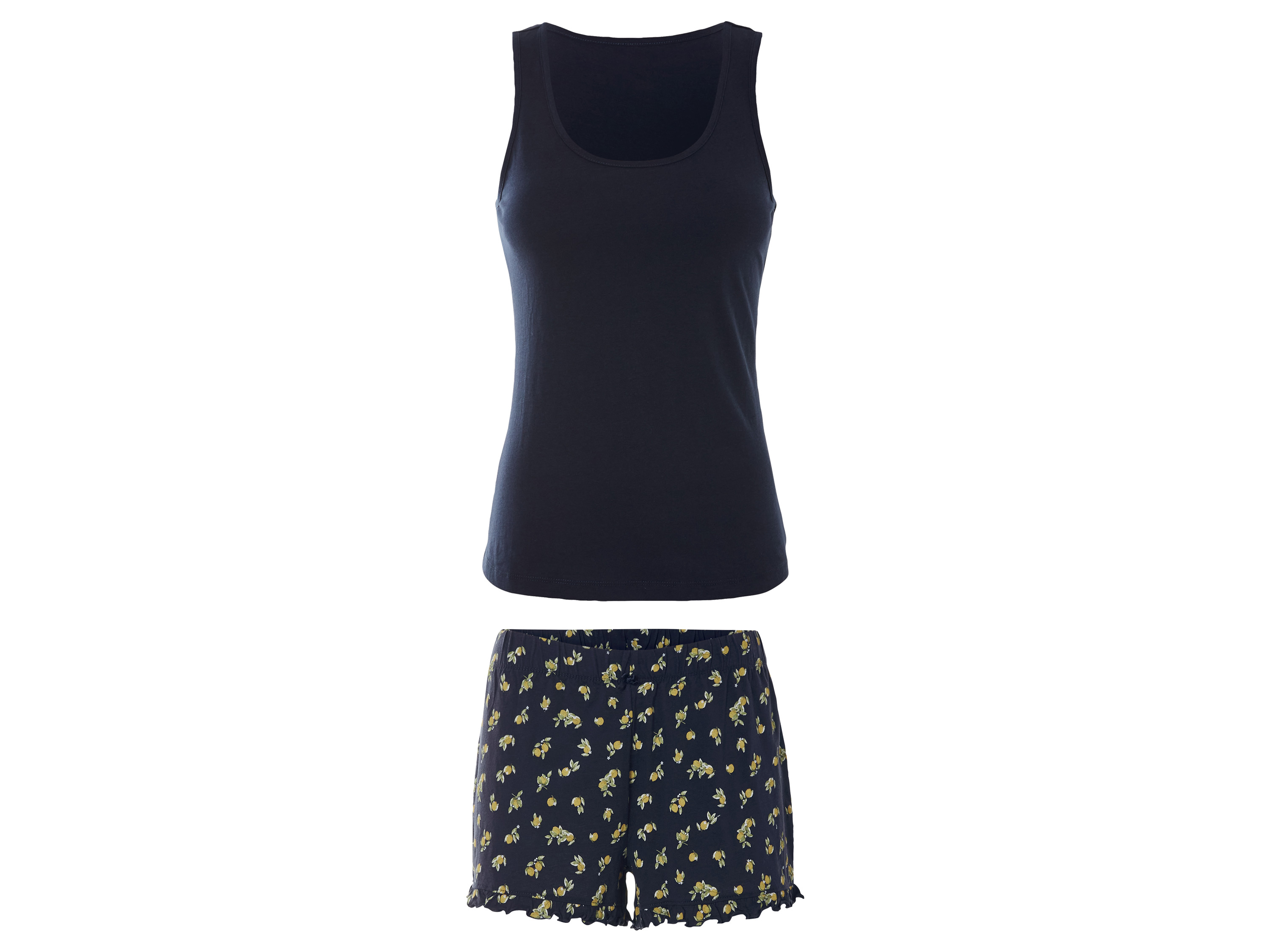 esmara® Damen Shorty Pyjama (Navy, XS(32/34))““ | navy Muster: dunkelblau/weiß: Zitronen, navy: Shorts mit Alloverprint Detail: blau: mit Spitze und verstellbaren Trägern