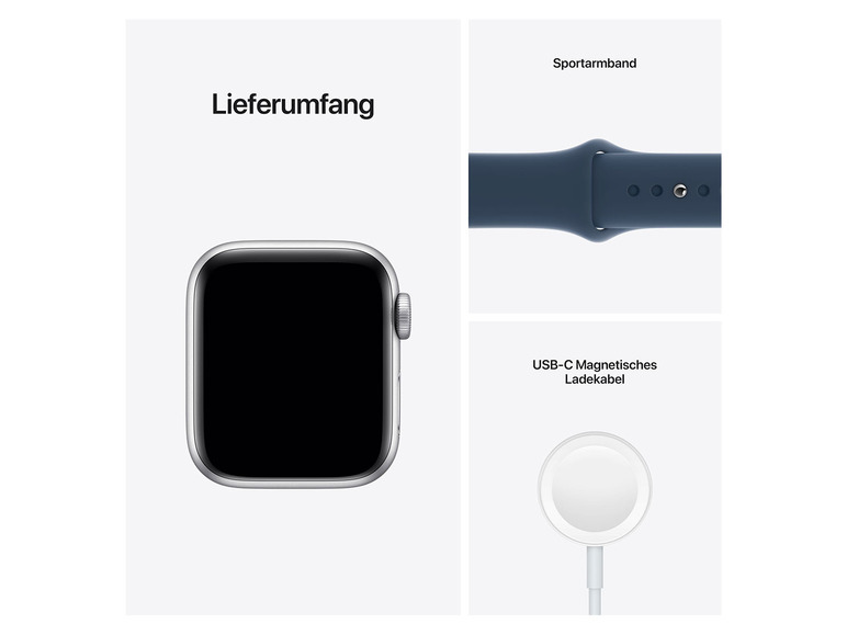 Apple Watch, Sportarmband und USB-C-Ladekabel.
