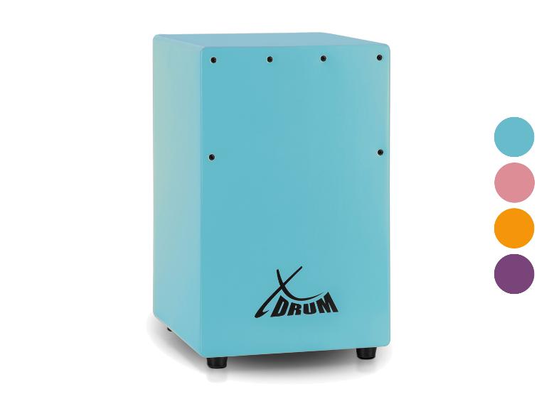 Eine türkisfarbene Xdrum Percussion-Box mit Farboptionen an der Seite.