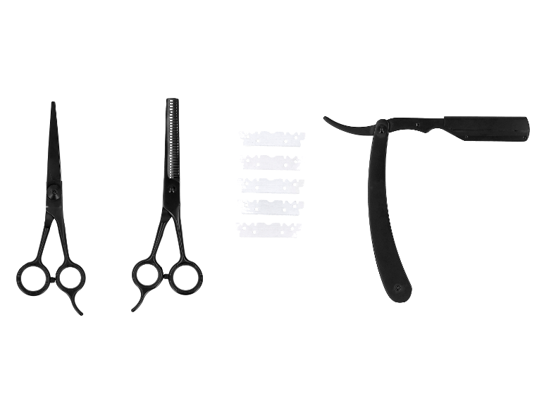 Schwarzes Friseurset mit Schere, Effilierschere, Rasiermesser und Klingen.