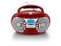 Roter CD-Boombox mit Antenne und Digitalanzeige.