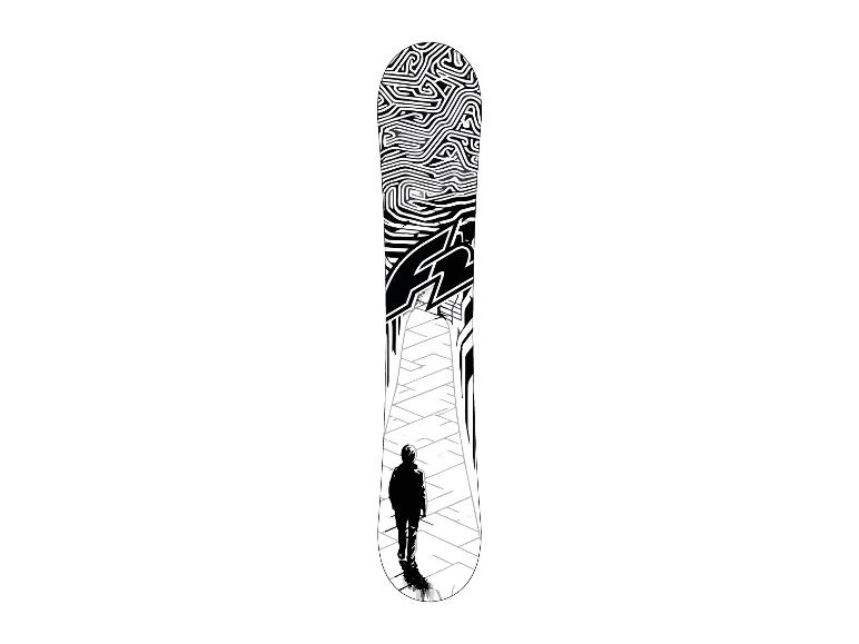 Snowboard mit schwarz-weißem Design.