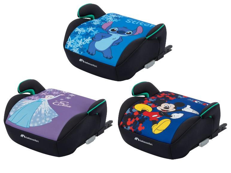 Drei Sitzerhöhungen für Autositze mit Stitch-, Elsa- und Mickey-Mouse-Motiven.